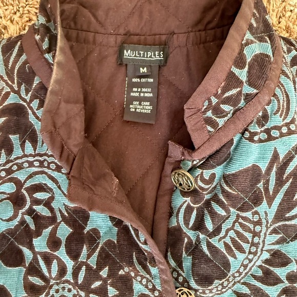Multiples Quilted Jacket Women's Medium  Teal Brown 100% Cotton Buttons Career - Picture 6 of 8